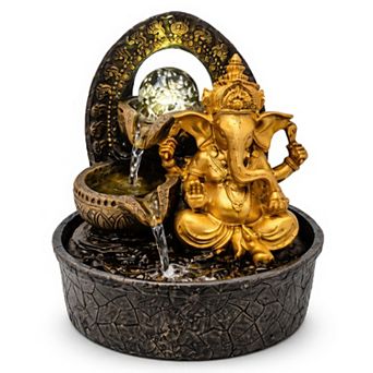12"H Golden Color Ornate Ganesha Fountain - Carved Arch, Glowing Orb Cascading Bowls Design