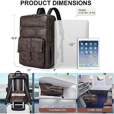 AKSZRI 16" Leather Laptop Backpack with USB Charger-Smart Business Backpack for Work&College