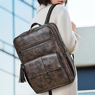 AKSZRI 16" Leather Laptop Backpack with USB Charger-Smart Business Backpack for Work&College