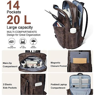 AKSZRI 16" Leather Laptop Backpack with USB Charger-Smart Business Backpack for Work&College