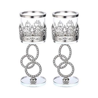 2 Elegant Crystal Pillar Metal Candlestick Holders