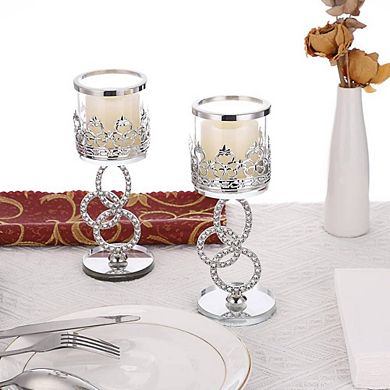 2 Elegant Crystal Pillar Metal Candlestick Holders