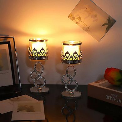 2 Elegant Crystal Pillar Metal Candlestick Holders