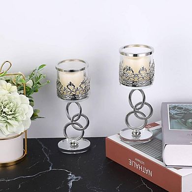 2 Elegant Crystal Pillar Metal Candlestick Holders
