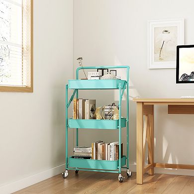 Foldable Rolling Cart 3-Tier Utility Storage Cart Multifunctional Metal Storage Bin Organizer Carts