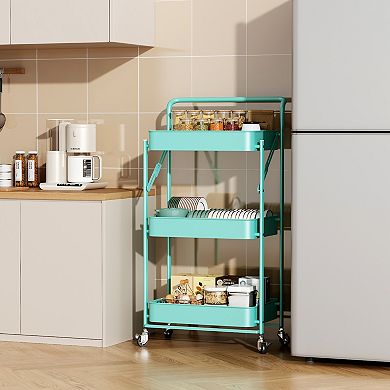 Foldable Rolling Cart 3-Tier Utility Storage Cart Multifunctional Metal Storage Bin Organizer Carts