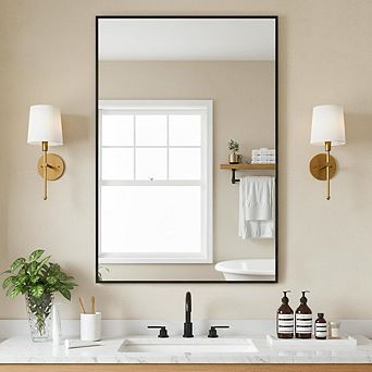 KSIZUIS Shatterproof Anti-Rust Bathroom Mirror - 36"x24" Black Metal Frame, Wall Mount