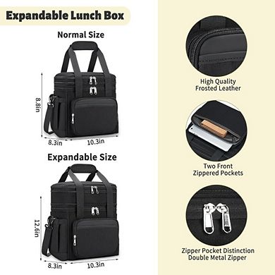 Great Ambitions Insulated 15L Lunch Tote - Double Deck,Leakproof,Expandable for Work & Outdoor Black