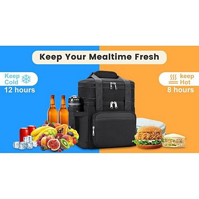 Great Ambitions Insulated 15L Lunch Tote - Double Deck,Leakproof,Expandable for Work & Outdoor Black