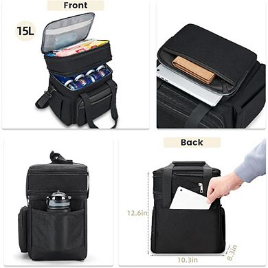 Great Ambitions Insulated 15L Lunch Tote - Double Deck,Leakproof,Expandable for Work & Outdoor Black