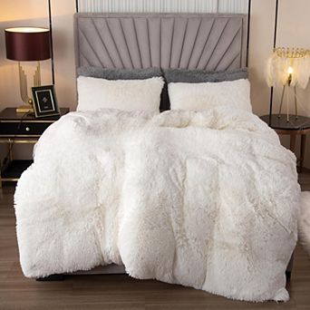 Fuzzy Duvet Cover Set King Size 3 pc Fluffy Comforter Cover Set for King Bed Shaggy(White, King)