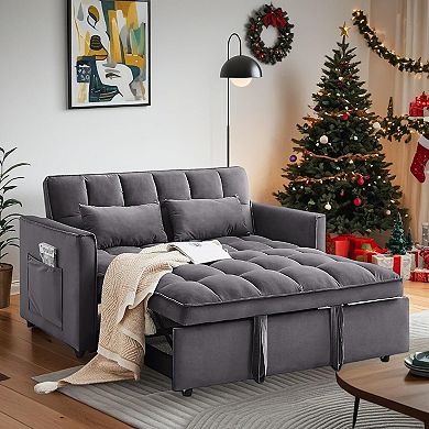 AKSZRI 3-in-1 Velvet Convertible Sofa Bed - Pull-Out Sleeper with Adjustable Backrest, Dark Gray