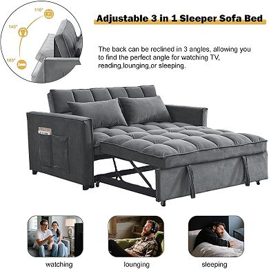 AKSZRI 3-in-1 Velvet Convertible Sofa Bed - Pull-Out Sleeper with Adjustable Backrest, Dark Gray