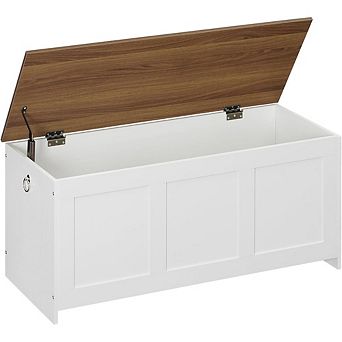 KSIZUIS Retro Storage Bench - 39.3" Lift-Top Chest in White & Walnut for Entryway & Living Room