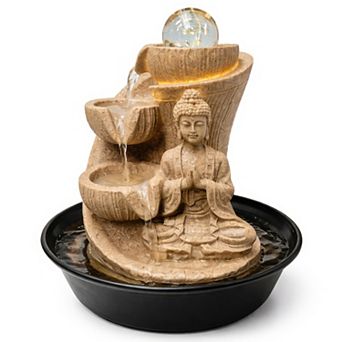 12"H Black and Gold Zen Buddha Tabletop Fountain with Lotus Pose Cascading Bowls Design