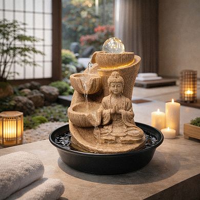 12"H Black and Gold Zen Buddha Tabletop Fountain with Lotus Pose Cascading Bowls Design
