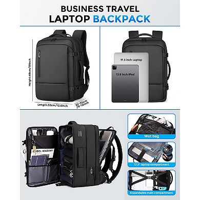 AKSZRI Men's 17.3"Travel Backpack-USB Port, Water Resistant&Expandable for Work&College,Black