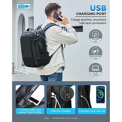 AKSZRI Men's 17.3"Travel Backpack-USB Port, Water Resistant&Expandable for Work&College,Black