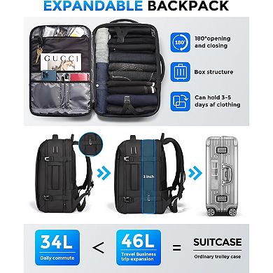 AKSZRI Men's 17.3"Travel Backpack-USB Port, Water Resistant&Expandable for Work&College,Black