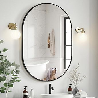 KSIZUIS Modern Arched Bathroom Mirror - 36"x24" Matte Black Metal Frame Wall Mounted