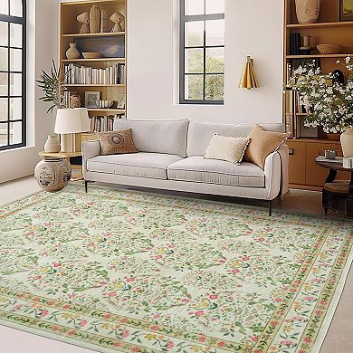 Floral Border Area Rug, Fresh & Natural Design Machine Washable Carpet
