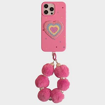 Heart Patch Phone Case with Plush Beaded Wristlet Charm