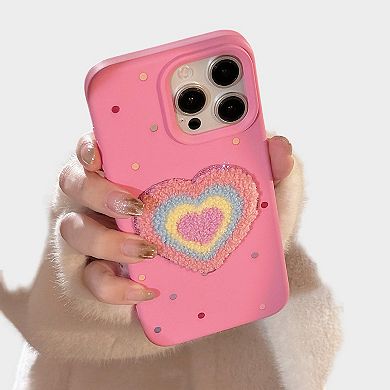 Heart Patch Phone Case with Plush Beaded Wristlet Charm