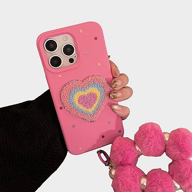 Heart Patch Phone Case with Plush Beaded Wristlet Charm