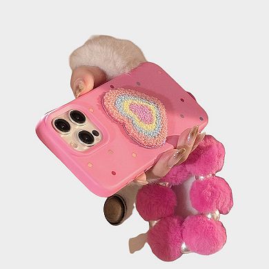Heart Patch Phone Case with Plush Beaded Wristlet Charm