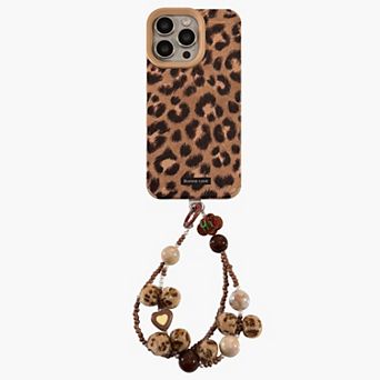 Leopard Print Phone Case with Beaded Wrist Strap Built In Phone Stand Slim Protective Cover