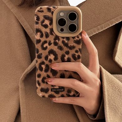 Leopard Print Phone Case with Beaded Wrist Strap Built In Phone Stand Slim Protective Cover