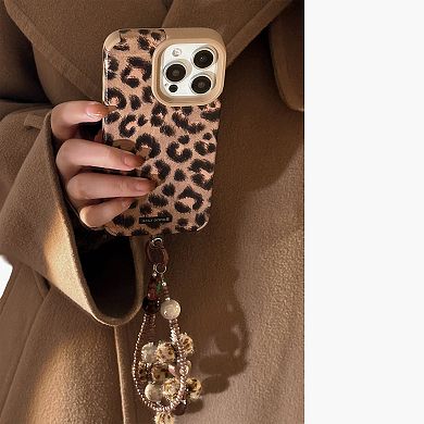 Leopard Print Phone Case with Beaded Wrist Strap Built In Phone Stand Slim Protective Cover