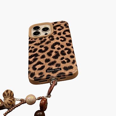 Leopard Print Phone Case with Beaded Wrist Strap Built In Phone Stand Slim Protective Cover