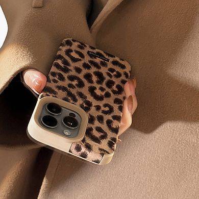 Leopard Print Phone Case with Beaded Wrist Strap Built In Phone Stand Slim Protective Cover