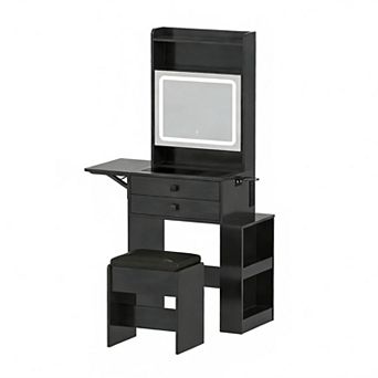 Small Makeup Vanity Set with 3 Adjustable Lighted Mirror, Charging Station & Glass Top, Black