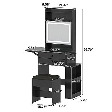 Vabches Small Makeup Vanity Desk with Lighted Mirror, Glass Top, Charging Station and Storage