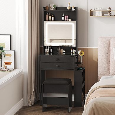 Vabches Small Makeup Vanity Desk with Lighted Mirror, Glass Top, Charging Station and Storage