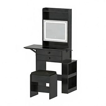 Vabches Small Makeup Vanity Desk with Lighted Mirror, Glass Top, Charging Station and Storage