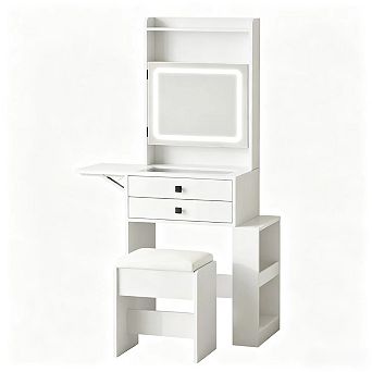 Vabches Small Makeup Vanity Desk with Lighted Mirror, Glass Top, Charging Station and Storage