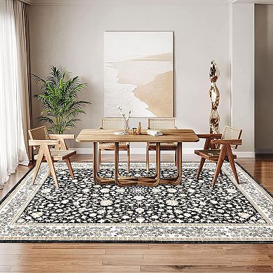 Floral Border Area Rug, Vintage Elegant Machine Washable Rug, Soft Patterned Carpet