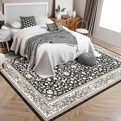 Floral Border Area Rug, Vintage Elegant Machine Washable Rug, Soft Patterned Carpet