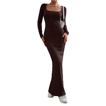 Women's Casual Long Sleeve Maxi Dress Square Neck Slim Fit Stretchy Bodycon Sweater Dress