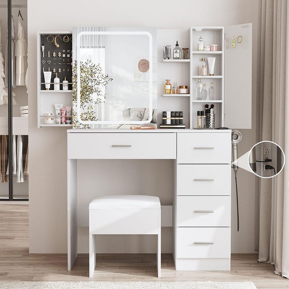 White Vanity Table Set with Lighted Mirror, Power Strip and