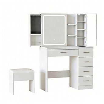 White Vanity Table Set with Lighted Mirror, Power Strip and Sliding Locker, 3 Lighting Modes
