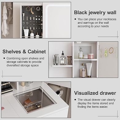 White Vanity Table Set with Lighted Mirror, Power Strip and Sliding Locker, 3 Lighting Modes