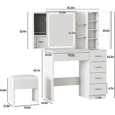 White Vanity Table Set with Lighted Mirror, Power Strip and Sliding Locker, 3 Lighting Modes