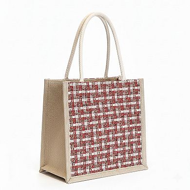 Women's Woven Mini Tote Handbag with Pom Pom Charm and Top Handle