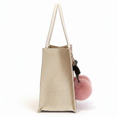 Women's Woven Mini Tote Handbag with Pom Pom Charm and Top Handle