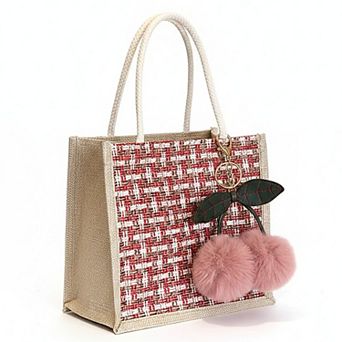 Women's Woven Mini Tote Handbag with Pom Pom Charm and Top Handle