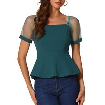 Women's Square Neck Elegant Puffy Sleeve Peplum Tops